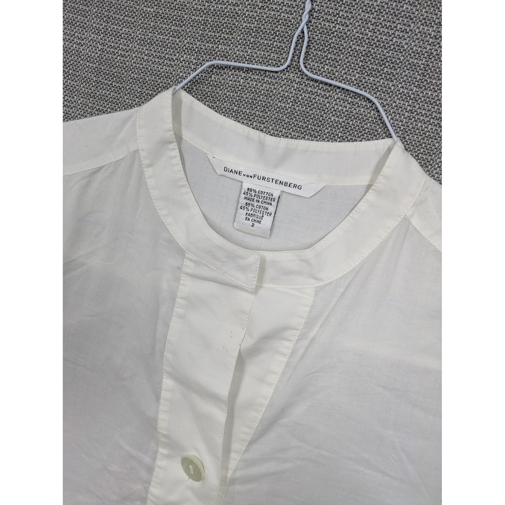 Diane Von Furstenberg Blouse Womens 2 White Puff Short Sleeve Henley Woven Top